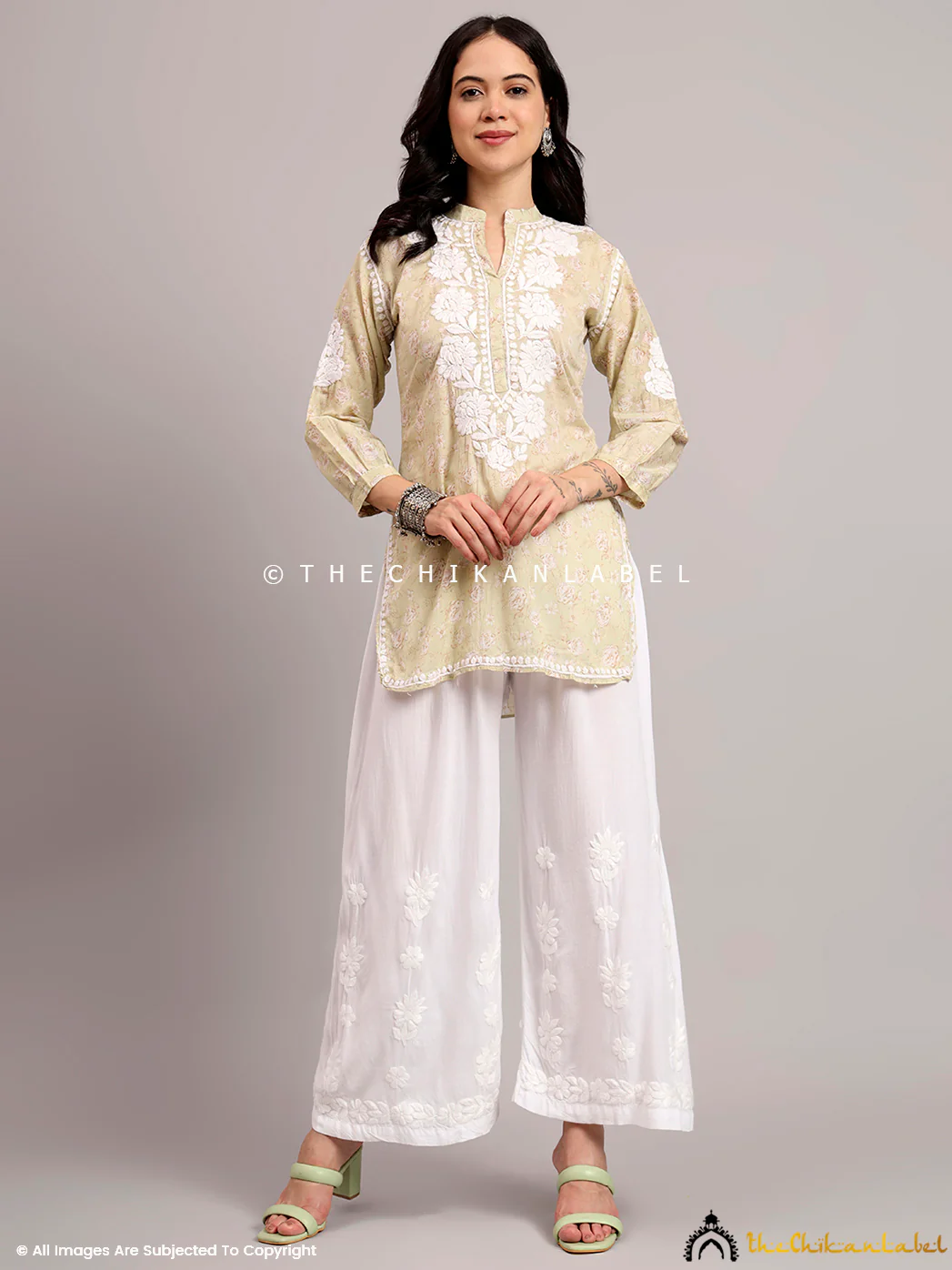 Aarini Mulmul Printed Chikankari Short Kurta - Green - Image 4