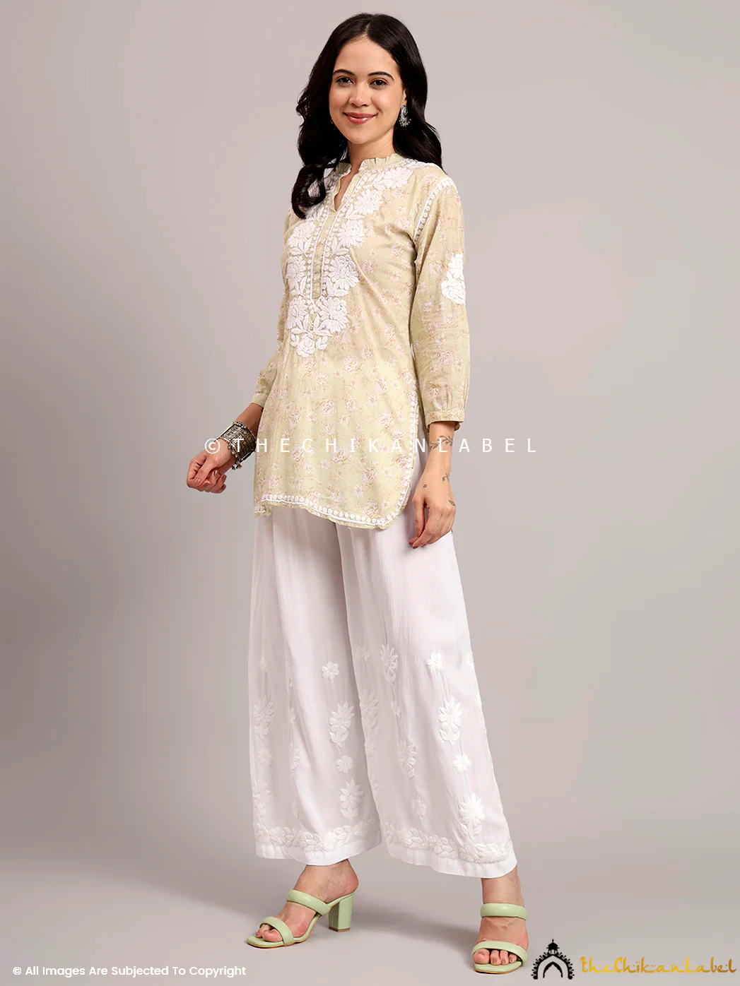 Aarini Mulmul Printed Chikankari Short Kurta - Green - Image 5