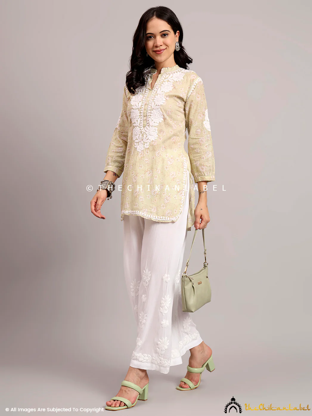 Aarini Mulmul Printed Chikankari Short Kurta - Green - Image 7