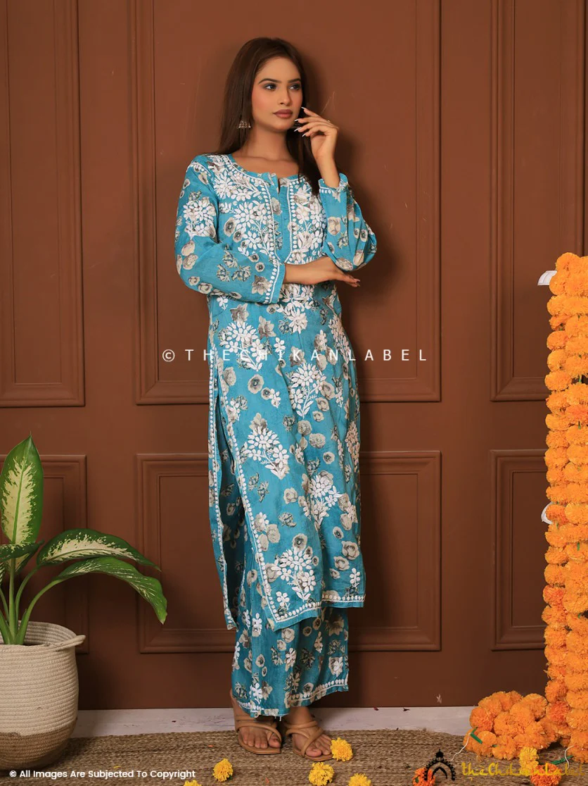 Afiya Mulmul Cotton Chikankari Kurta Set -Green - Image 11