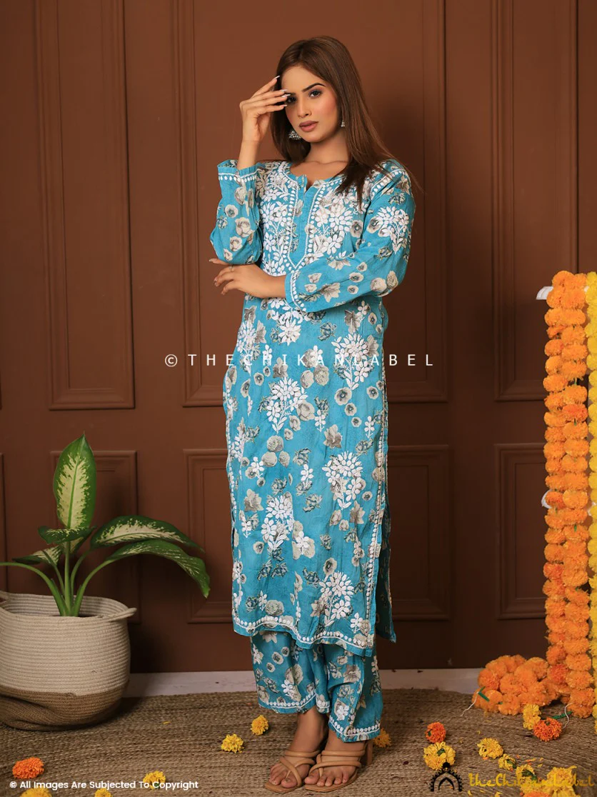 Afiya Mulmul Cotton Chikankari Kurta Set -Green - Image 8