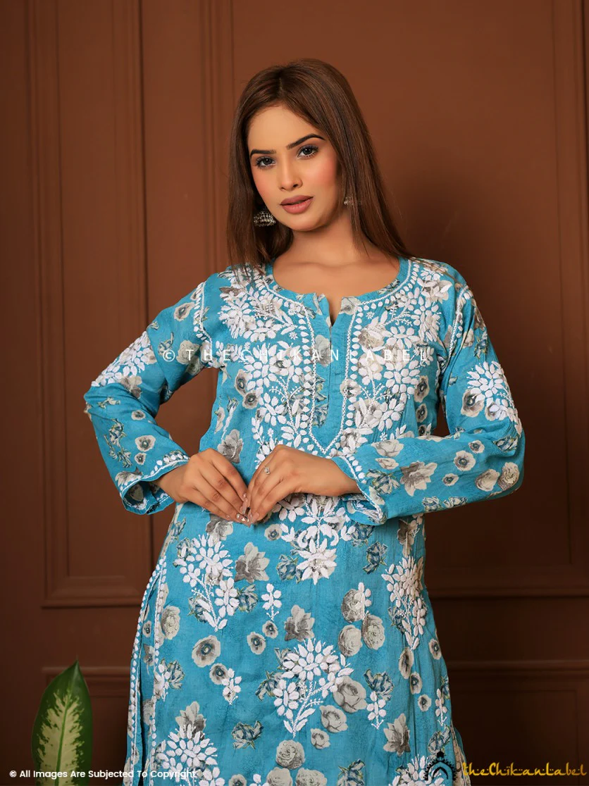 Afiya Mulmul Cotton Chikankari Kurta Set -Green - Image 9