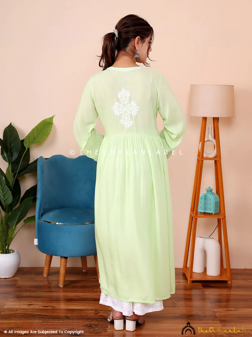 Aina Modal Chikankari Alia Cut A-Line Kurti -Green - Image 3