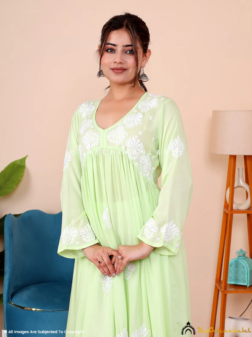 Aina Modal Chikankari Alia Cut A-Line Kurti -Green - Image 4