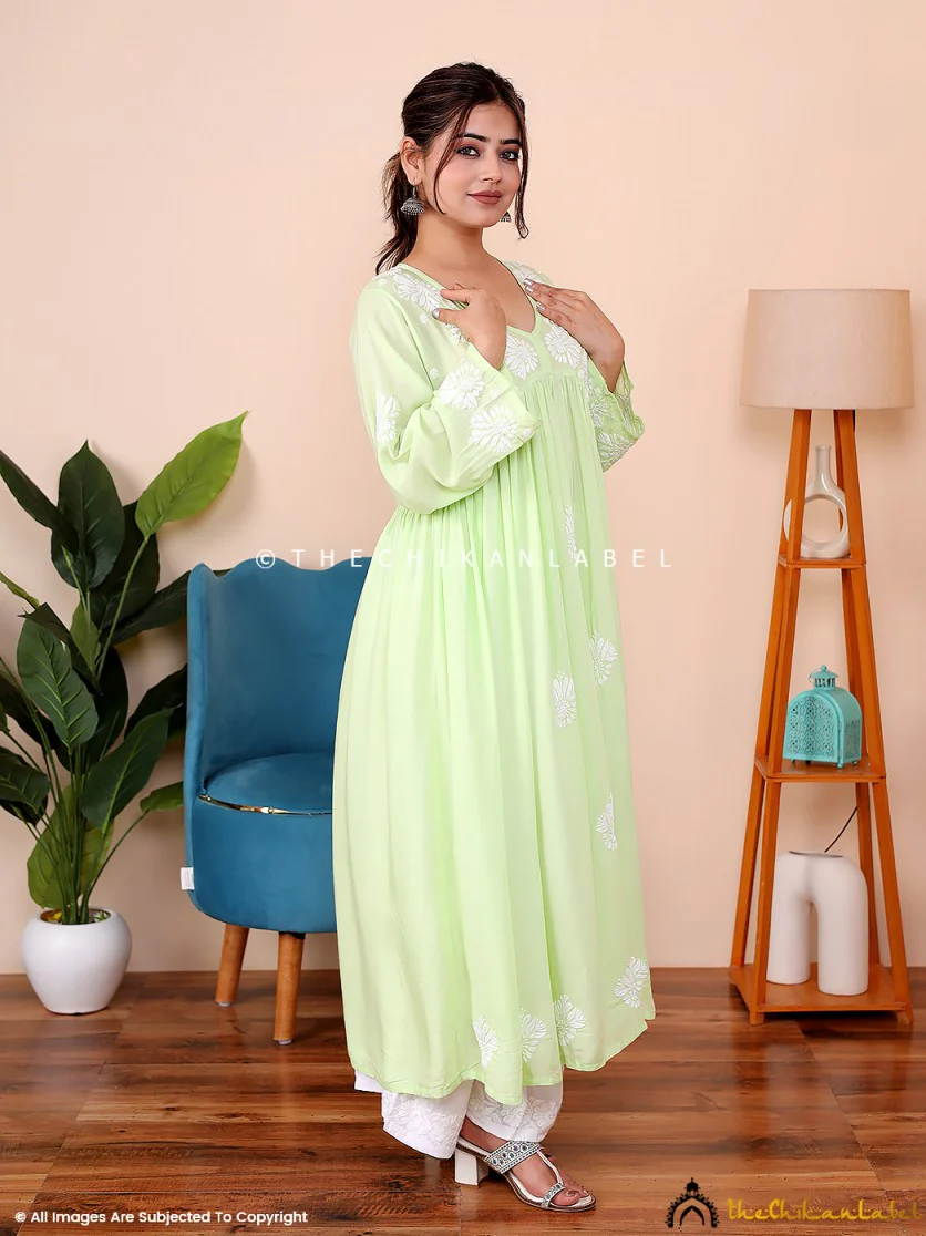 Aina Modal Chikankari Alia Cut A-Line Kurti -Green - Image 5