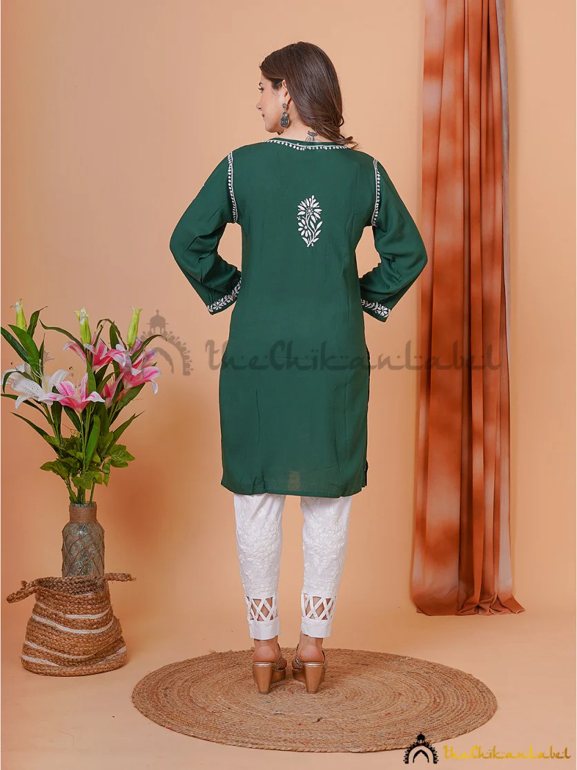 Aiza Modal Chikankari Short Tunic Top-Green - Image 3
