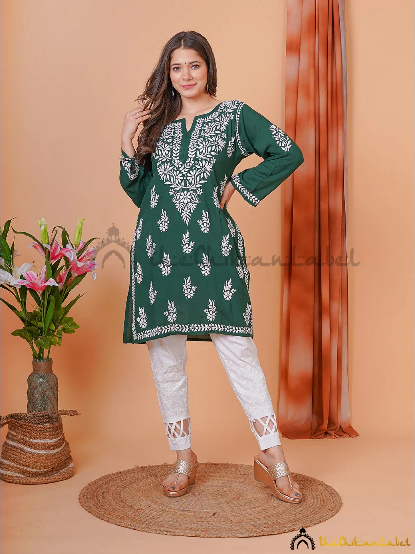 Aiza Modal Chikankari Short Tunic Top-Green - Image 4