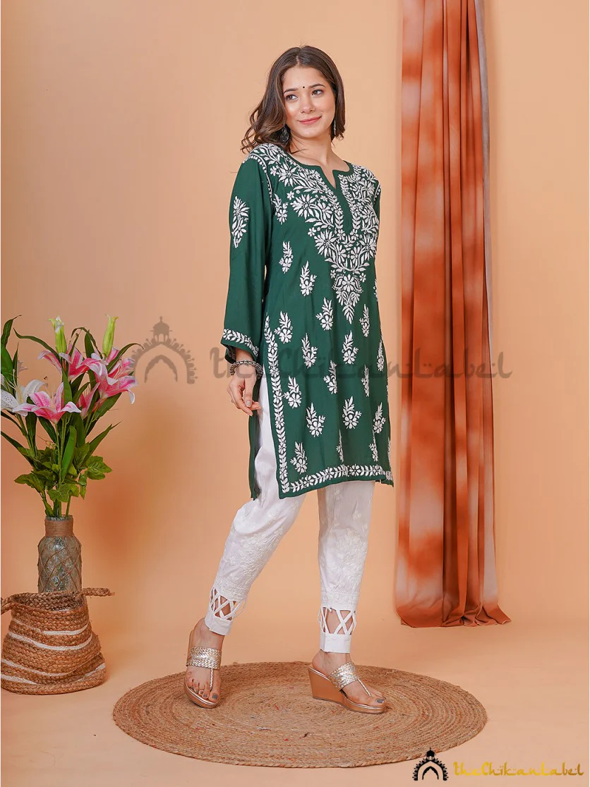 Aiza Modal Chikankari Short Tunic Top-Green - Image 5