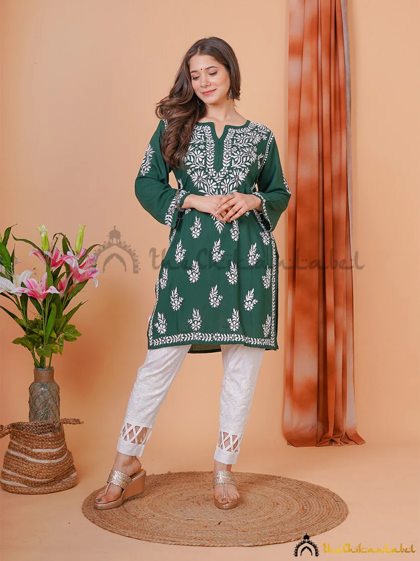 Aiza Modal Chikankari Short Tunic Top-Green - Image 6