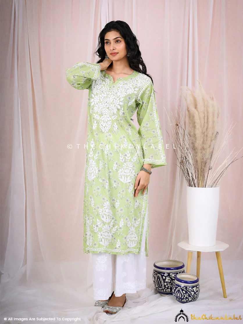 Arisha Mulmul Chikankari Printed Straight Kurti - Green - Image 4