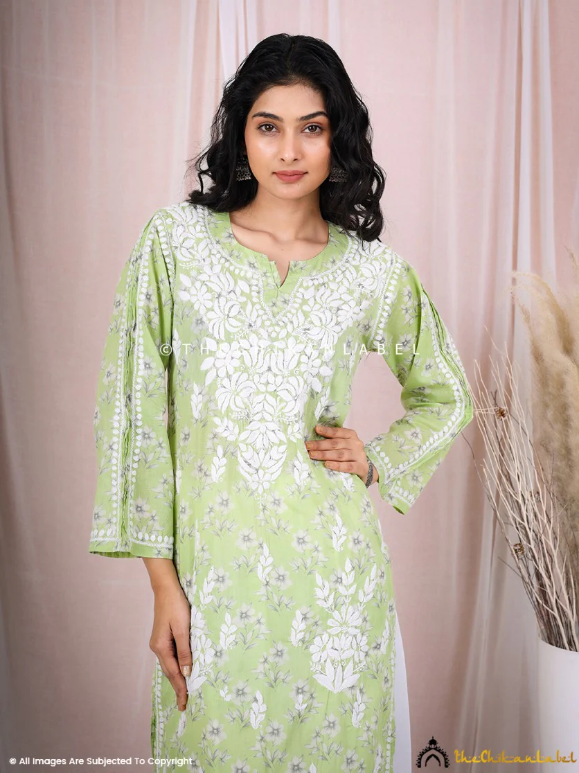 Arisha Mulmul Chikankari Printed Straight Kurti - Green - Image 5