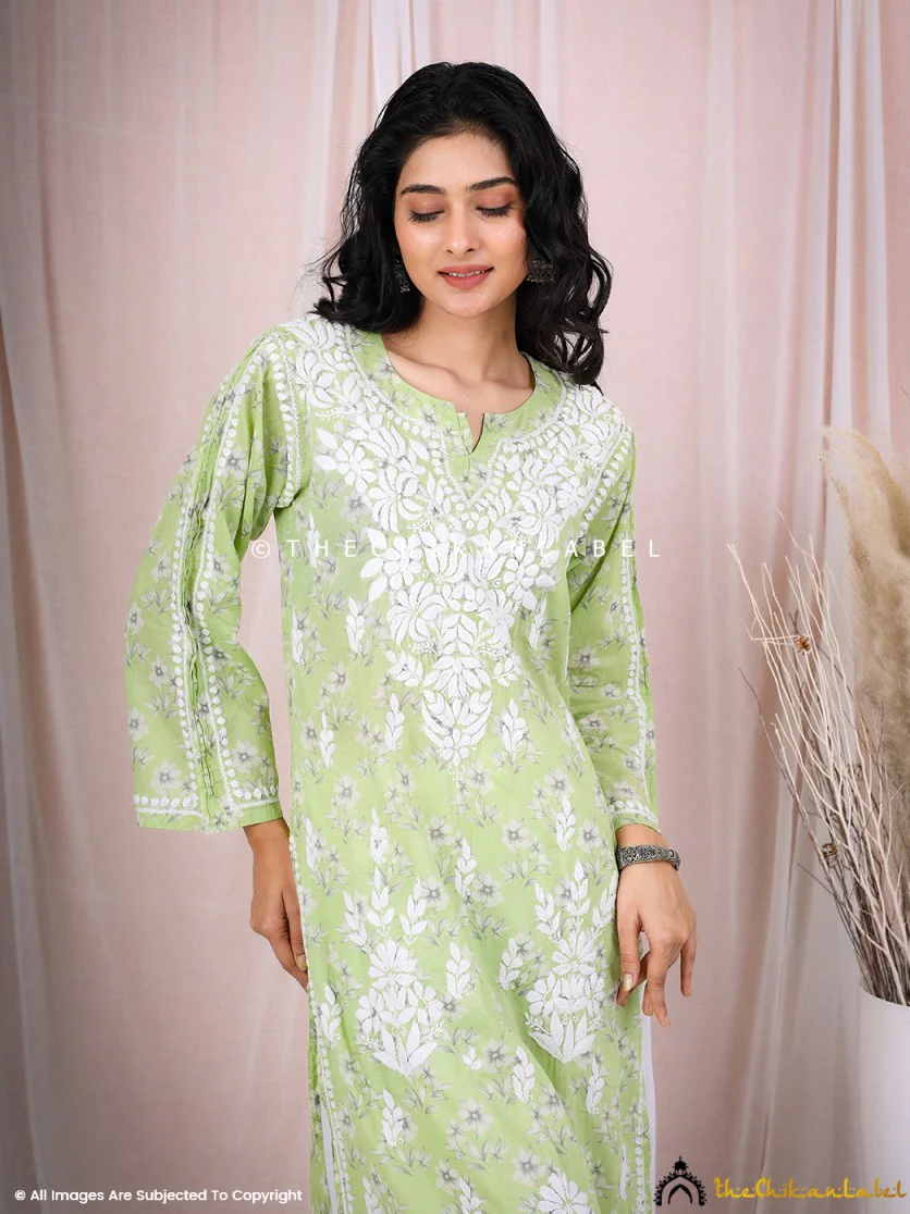 Arisha Mulmul Chikankari Printed Straight Kurti - Green - Image 6