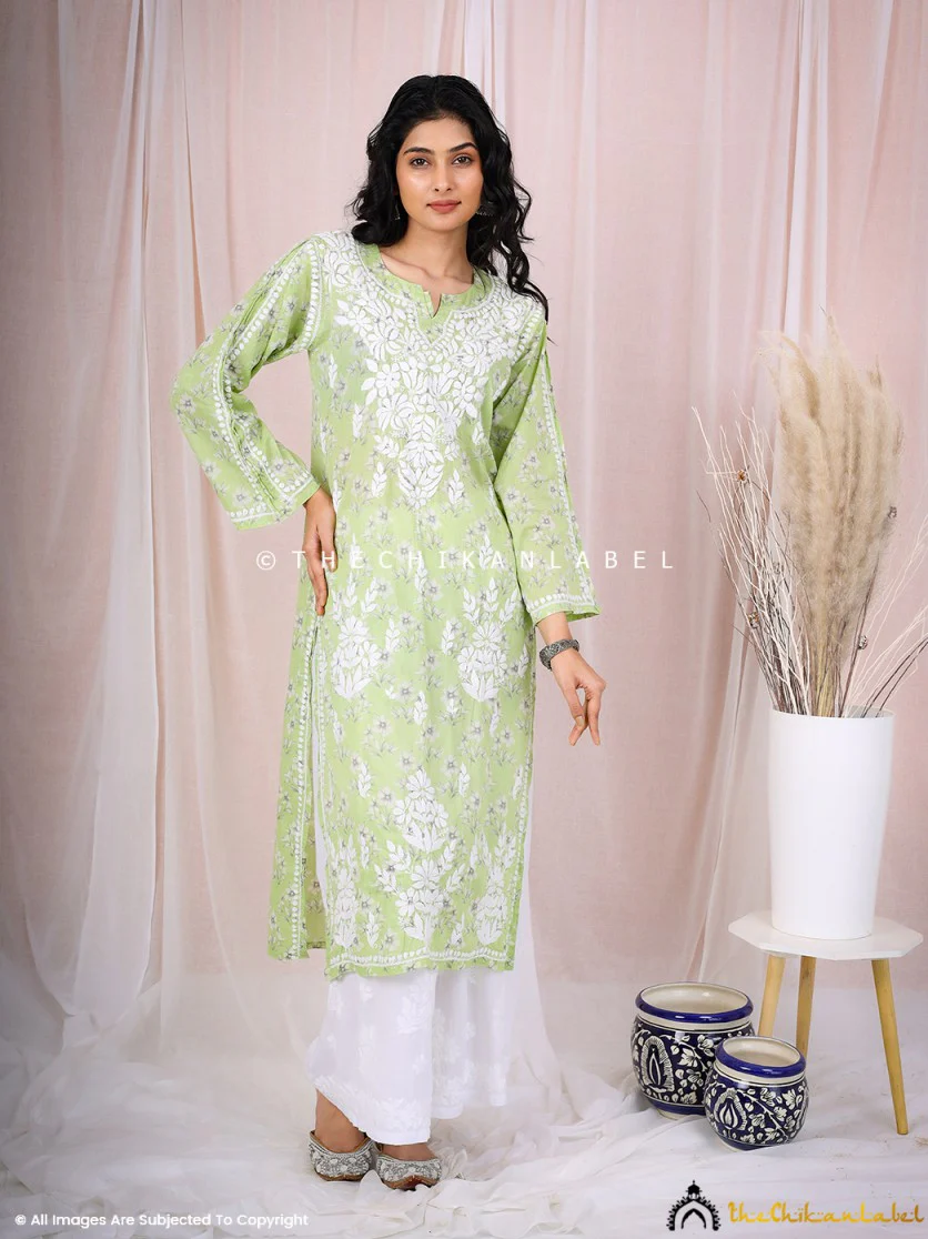 Arisha Mulmul Chikankari Printed Straight Kurti - Green - Image 7