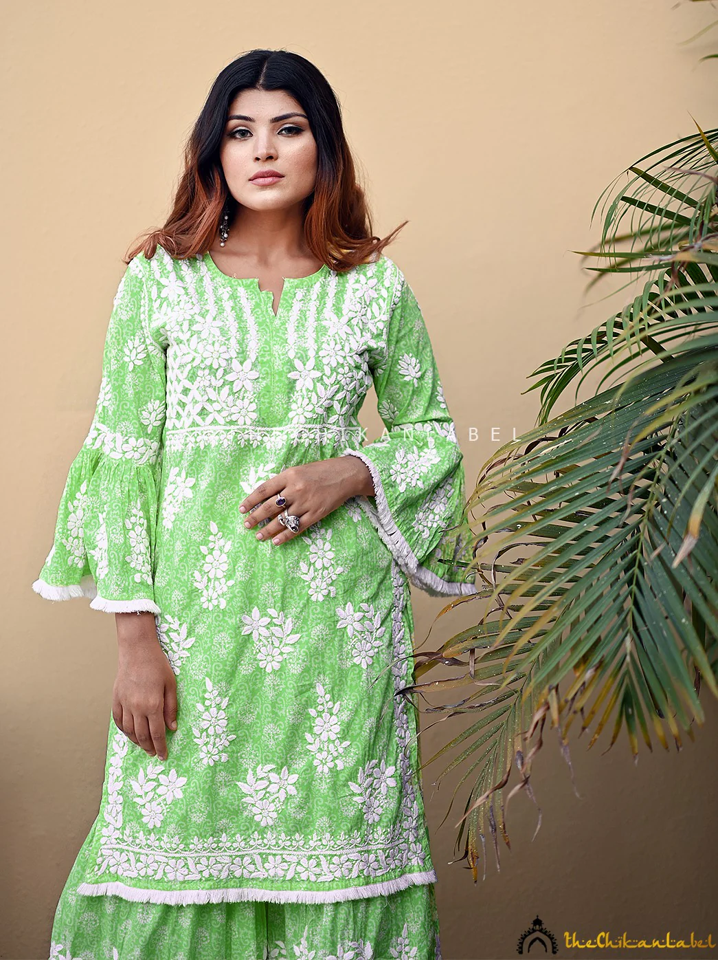 Bandhani Mulmul Cotton Chikankari Kurta Set - Green - Image 2