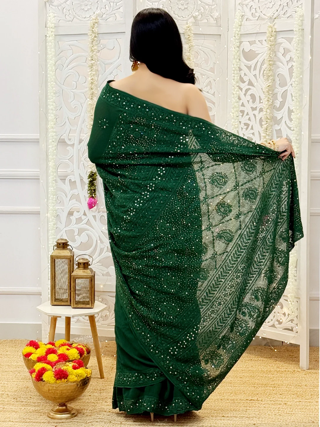 Green Begum Viscose Chikankari Saree - Image 3