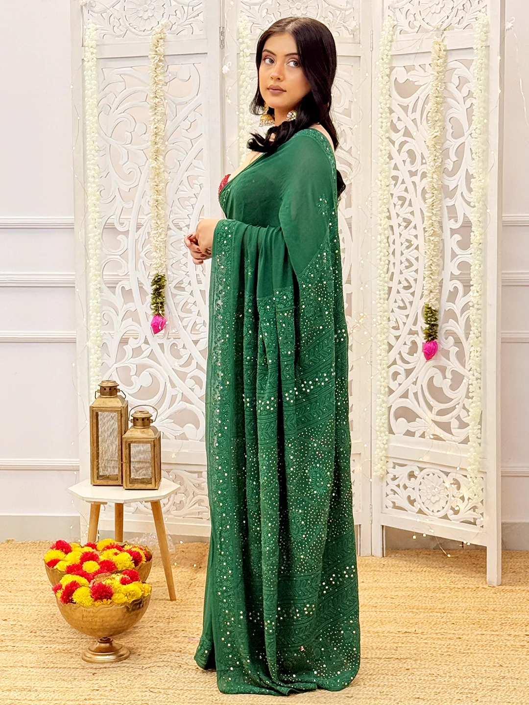 Green Begum Viscose Chikankari Saree - Image 4