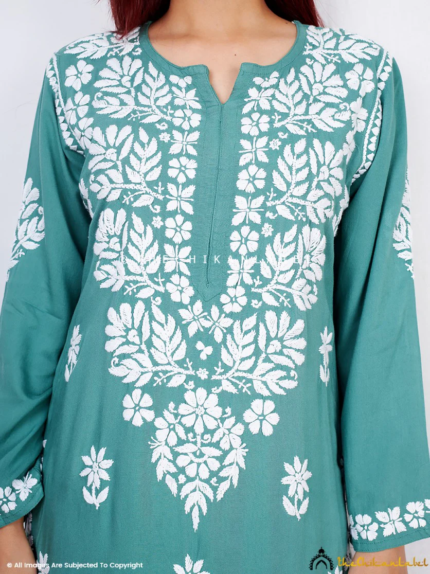 Green Binal Rayon Chikankari Straight Kurti - Image 2