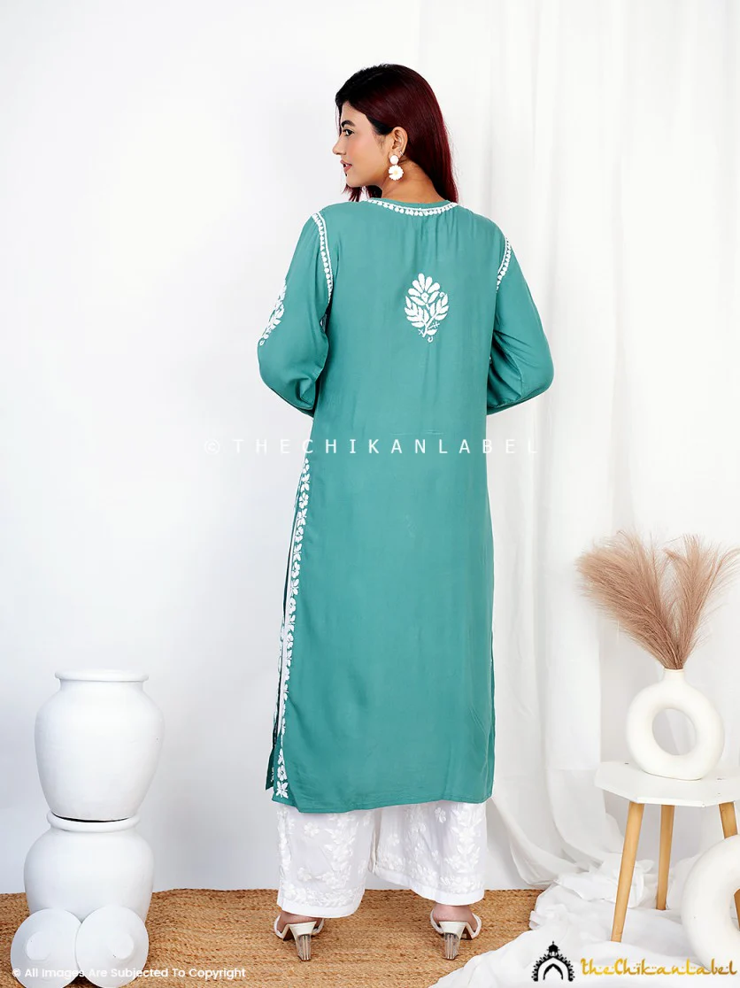 Green Binal Rayon Chikankari Straight Kurti - Image 3