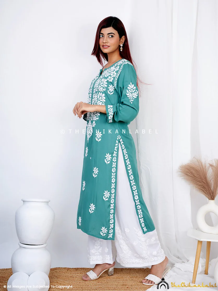Green Binal Rayon Chikankari Straight Kurti - Image 4