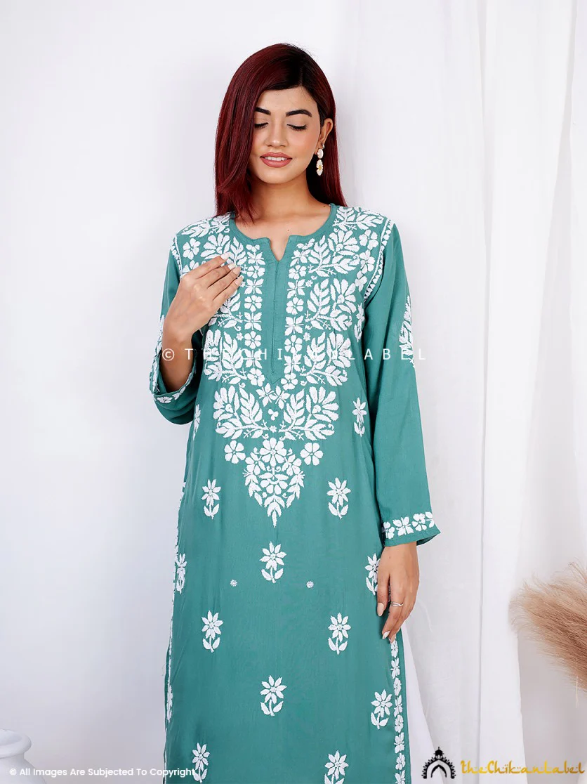 Green Binal Rayon Chikankari Straight Kurti - Image 5