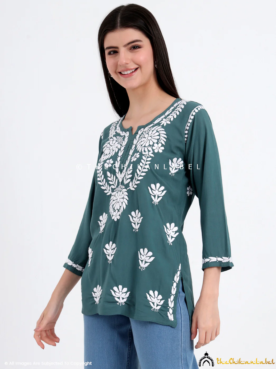 Chahat Rayon Chikankari Short Top - Green - Image 4