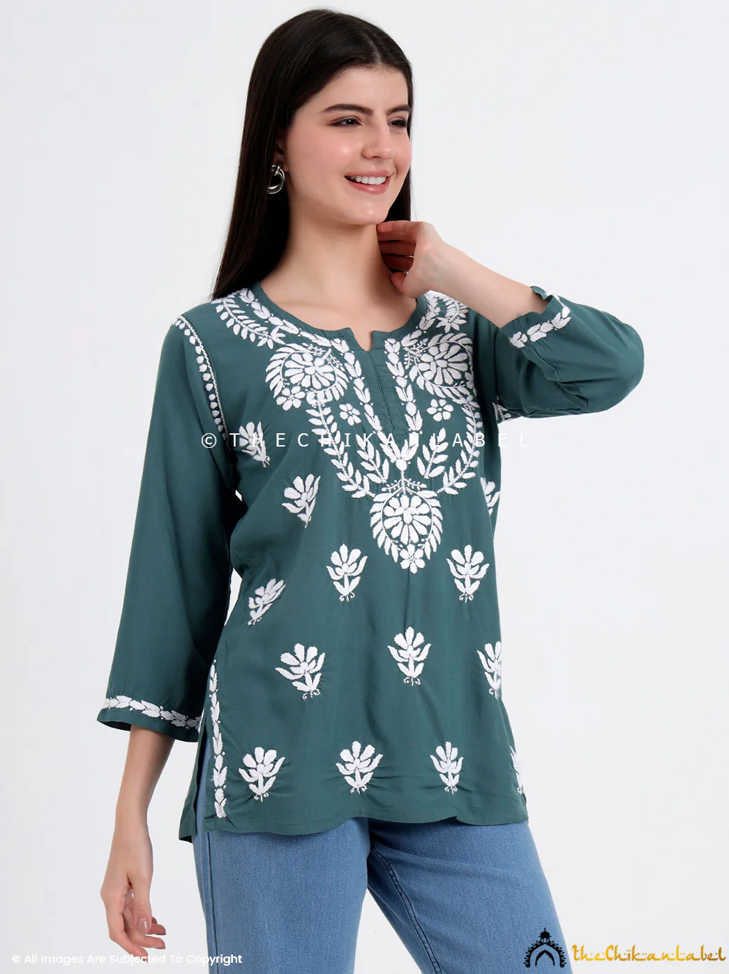 Chahat Rayon Chikankari Short Top - Green - Image 5