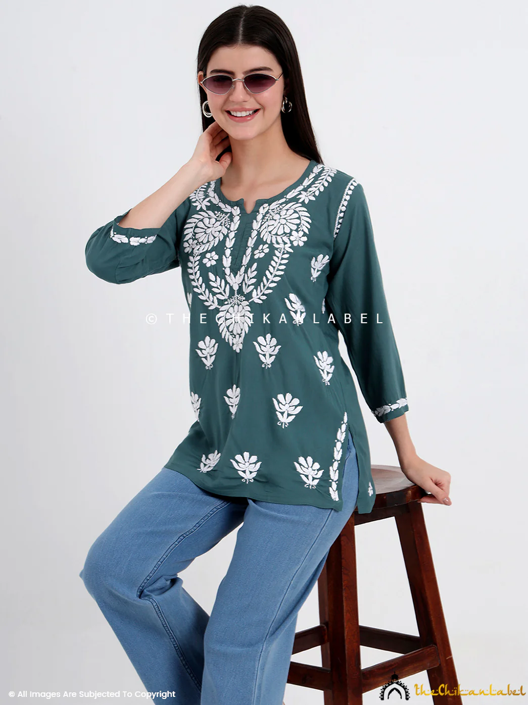 Chahat Rayon Chikankari Short Top - Green - Image 6
