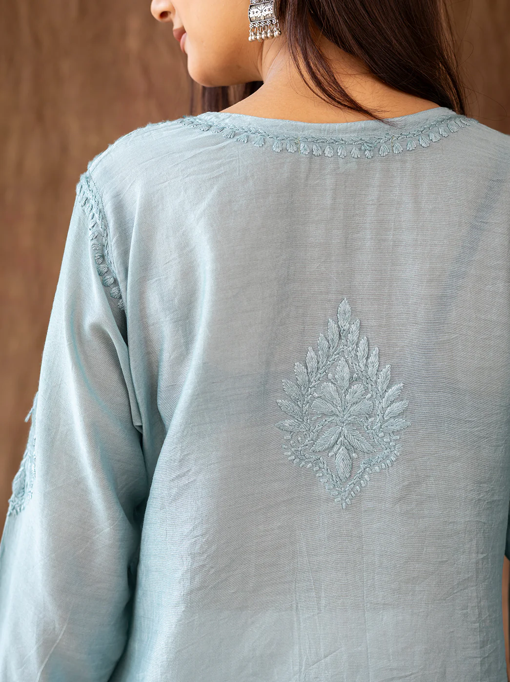 Green Chanderi Chikankari Farshi Salwar Set - Image 3