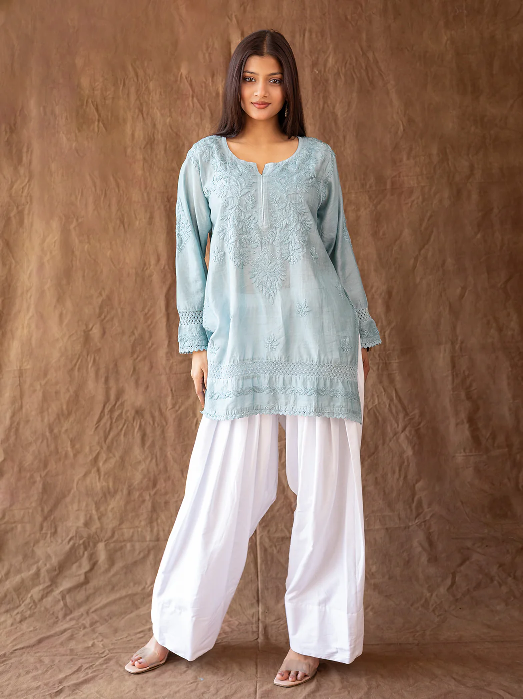 Green Chanderi Chikankari Farshi Salwar Set - Image 4