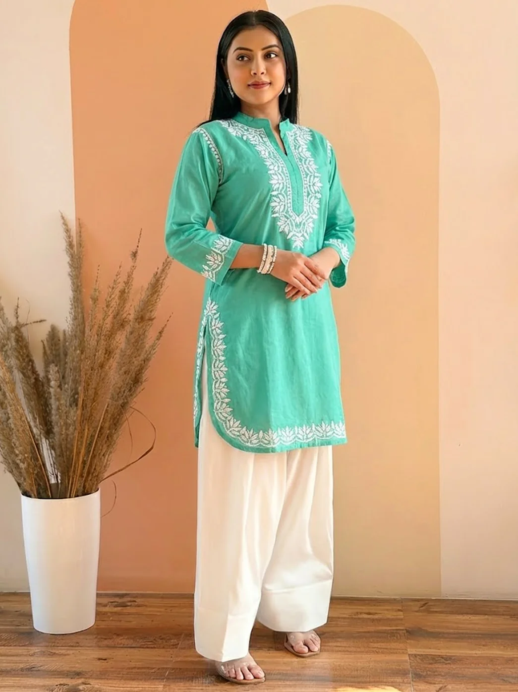 Green Cotton Chikankari Farshi Salwar Set - Image 3