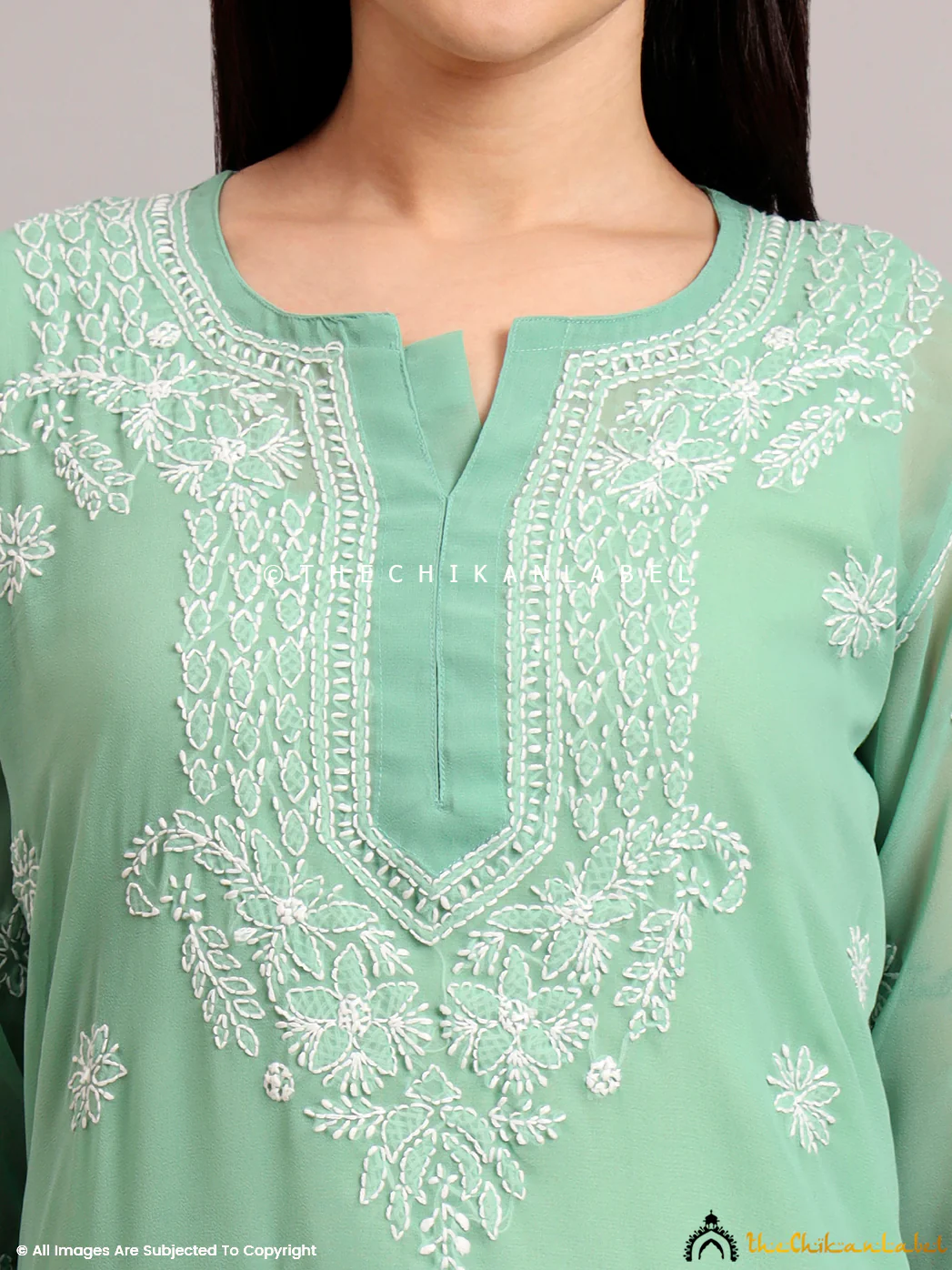 Darshana Georgette Chikankari Straight Kurti with Inner - Green - Image 2