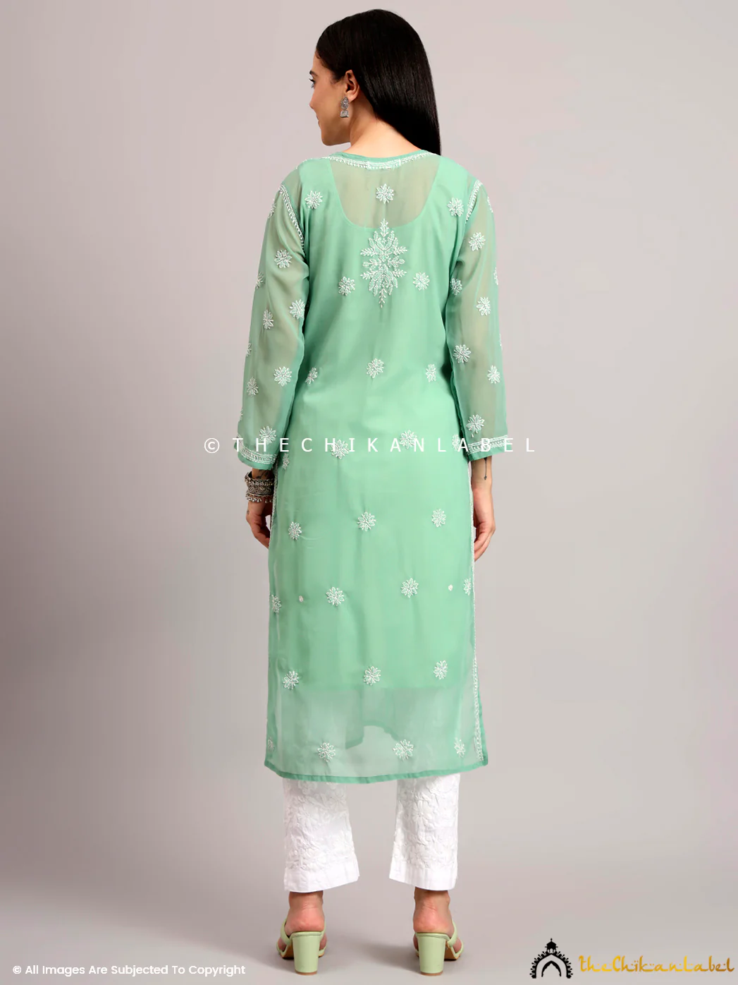 Darshana Georgette Chikankari Straight Kurti with Inner - Green - Image 3