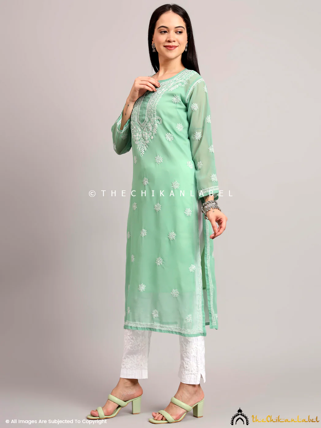 Darshana Georgette Chikankari Straight Kurti with Inner - Green - Image 4