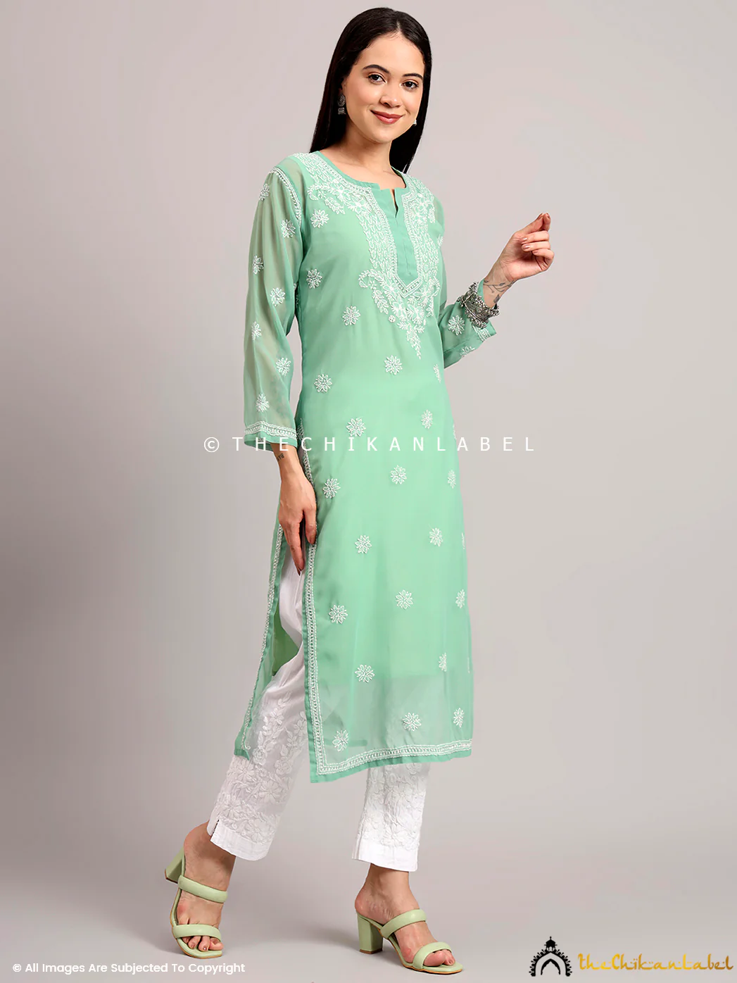 Darshana Georgette Chikankari Straight Kurti with Inner - Green - Image 5