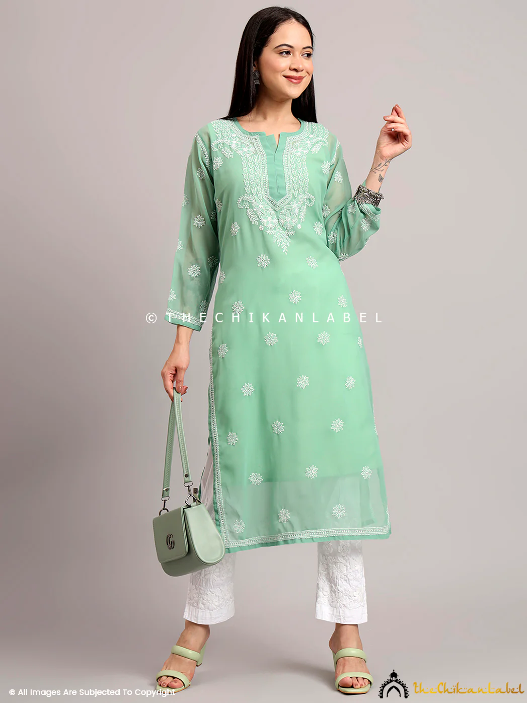 Darshana Georgette Chikankari Straight Kurti with Inner - Green - Image 6