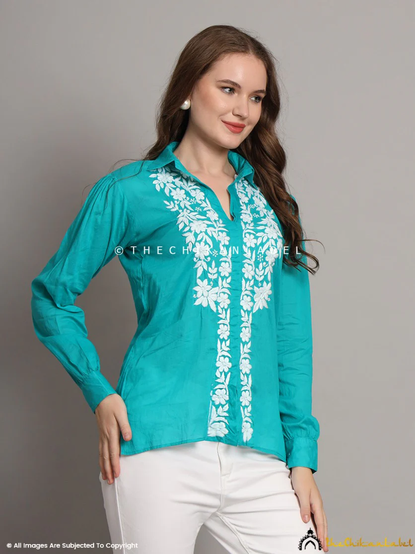 Drisha Mulmul Cotton Chikankari Shirt - Green - Image 10