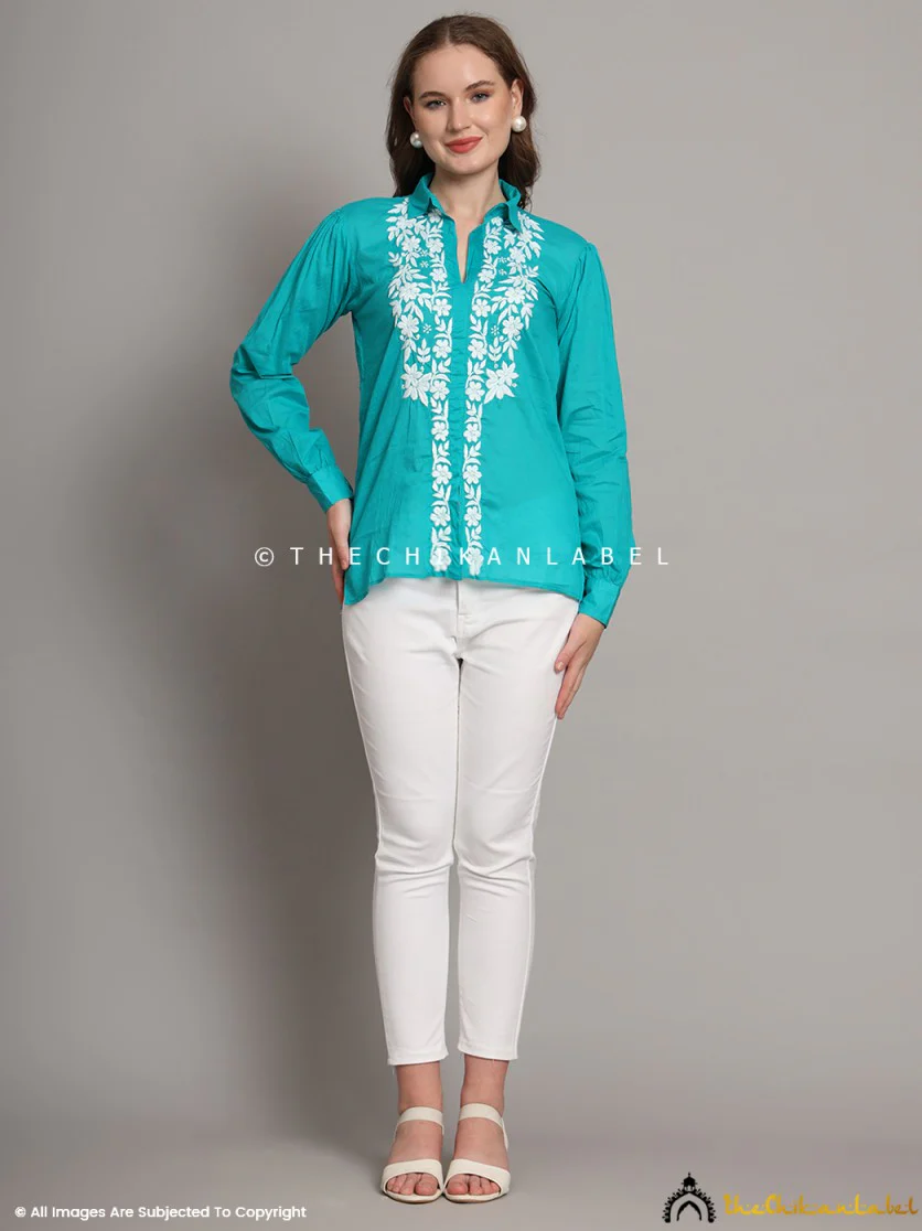 Drisha Mulmul Cotton Chikankari Shirt - Green - Image 12