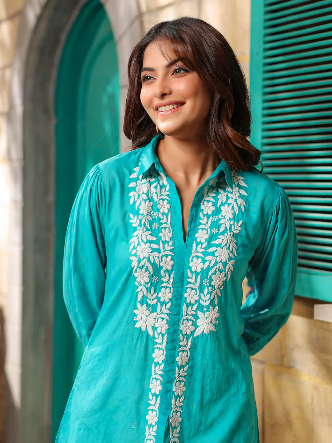 Drisha Mulmul Cotton Chikankari Shirt - Green - Image 2