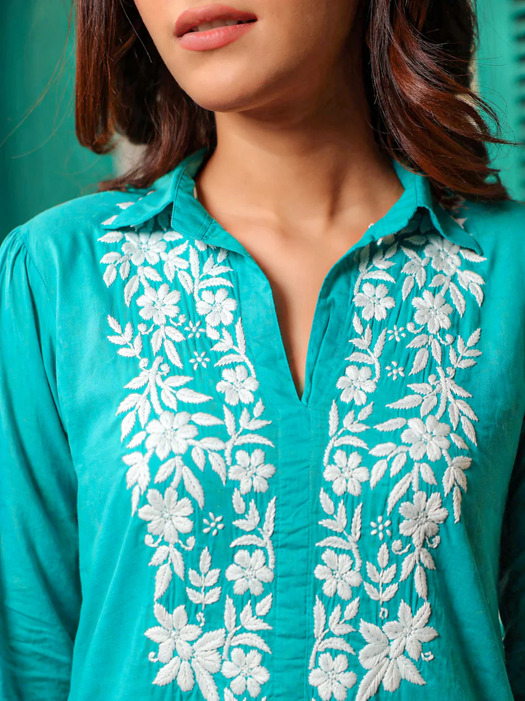 Drisha Mulmul Cotton Chikankari Shirt - Green - Image 3