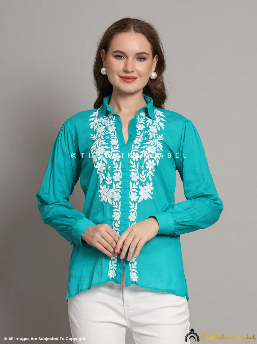 Drisha Mulmul Cotton Chikankari Shirt - Green - Image 6