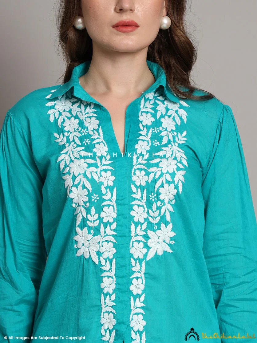 Drisha Mulmul Cotton Chikankari Shirt - Green - Image 7