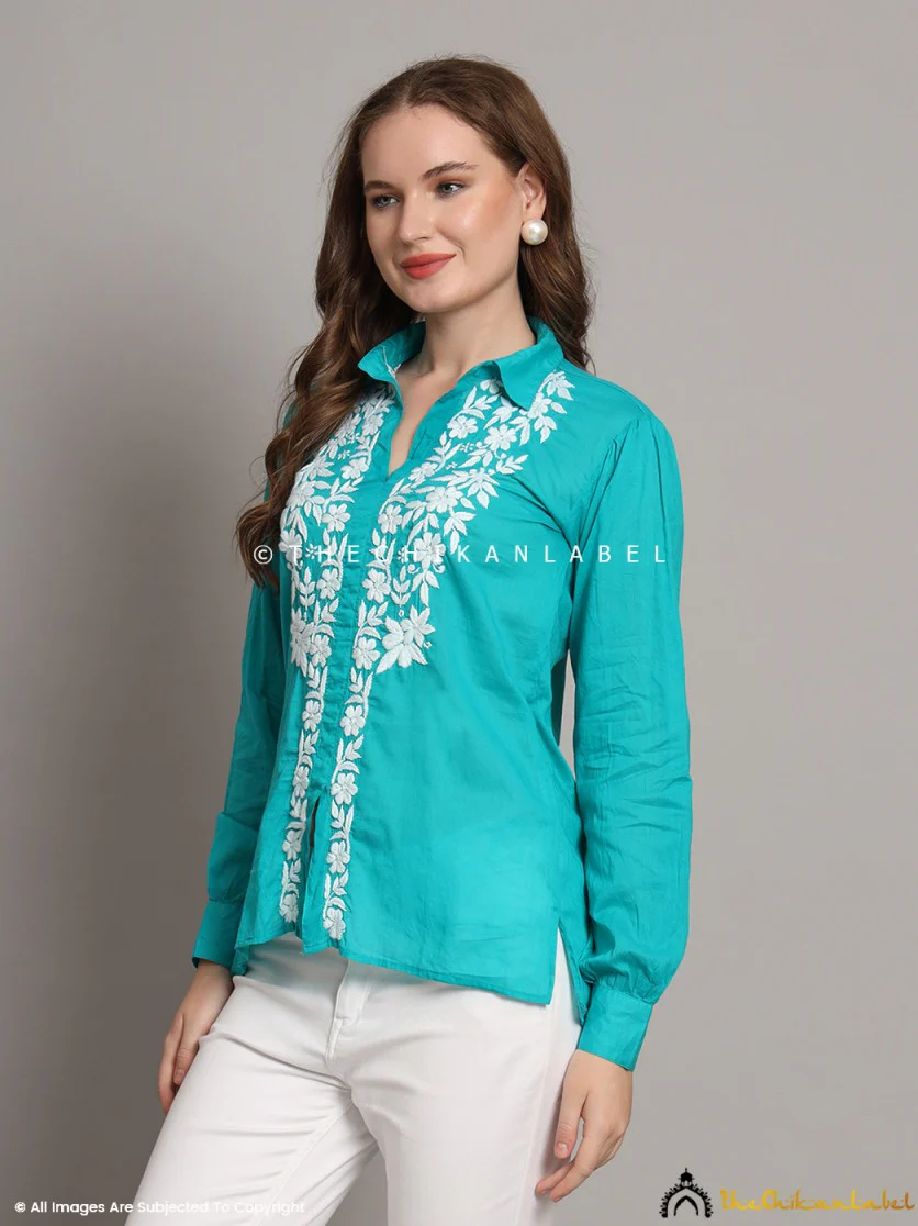 Drisha Mulmul Cotton Chikankari Shirt - Green - Image 9