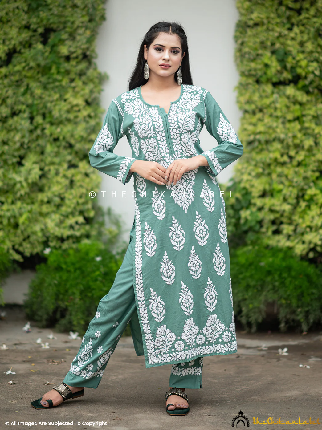 Ezna Modal Chikankari Kurta Set - Green - Image 4