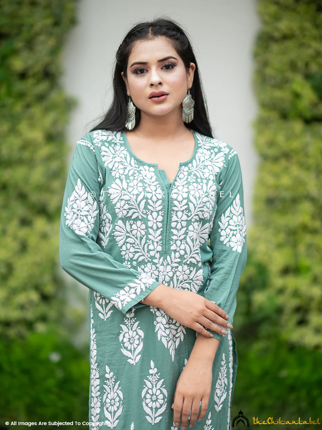 Ezna Modal Chikankari Kurta Set - Green - Image 5