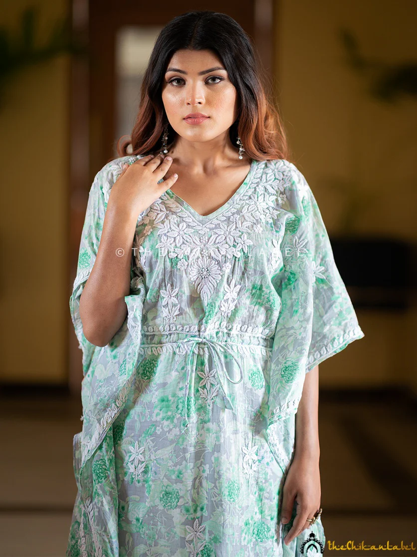 Faraha Mulmul Cotton Kaftan -Green - Image 4
