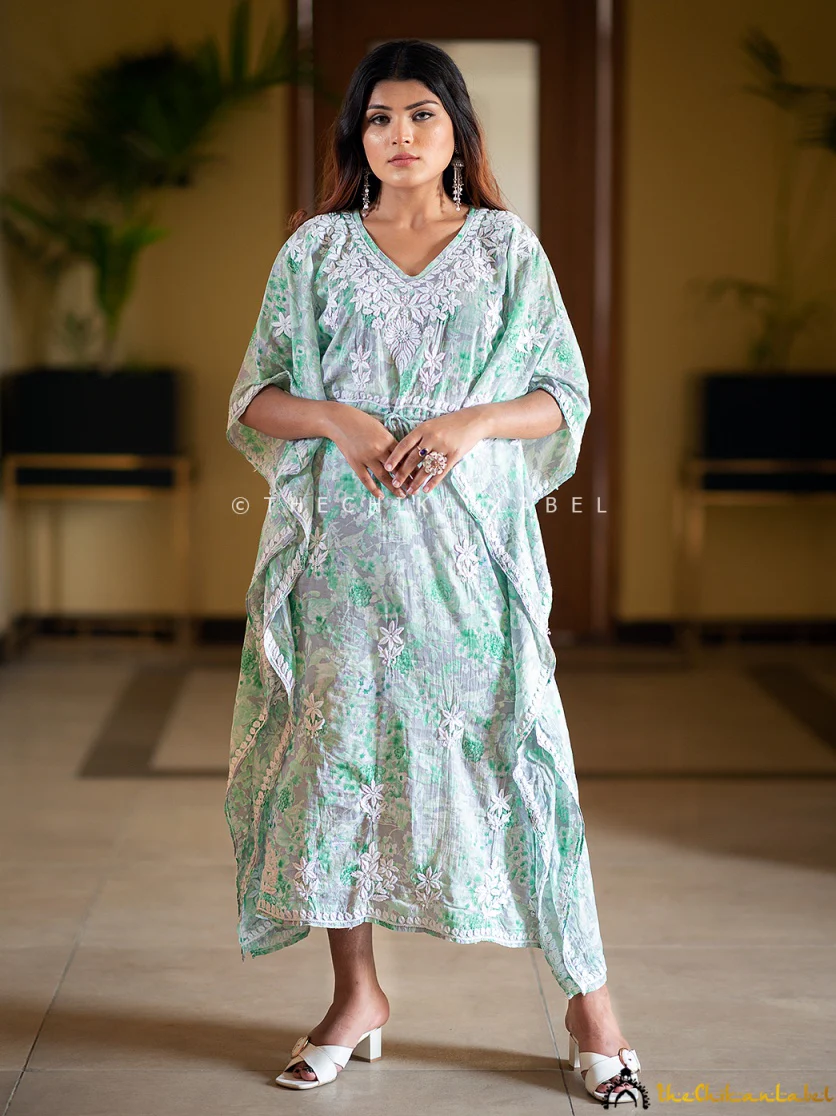 Faraha Mulmul Cotton Kaftan -Green - Image 6