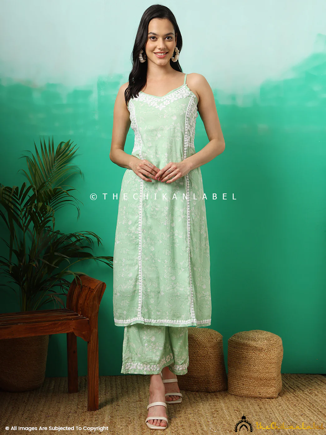 Fariha Cotton Chikankari Strappy Kurta Set - Green