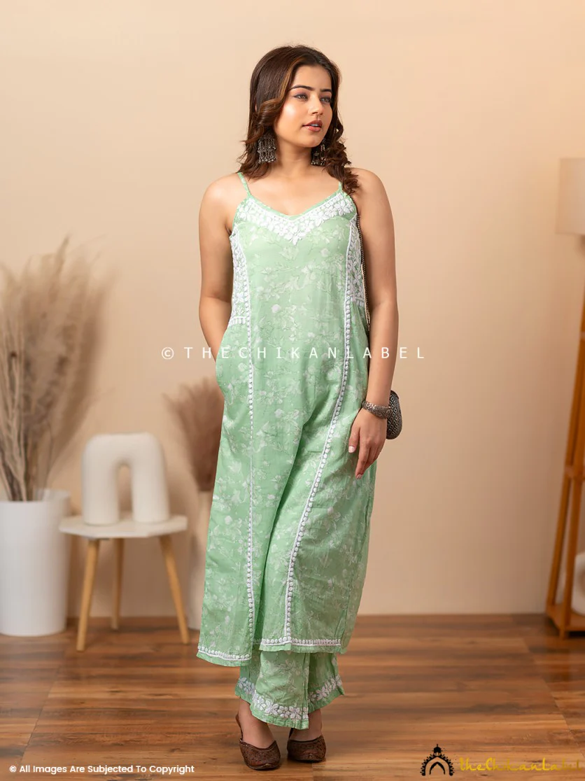 Fariha Cotton Chikankari Strappy Kurta Set - Green - Image 11