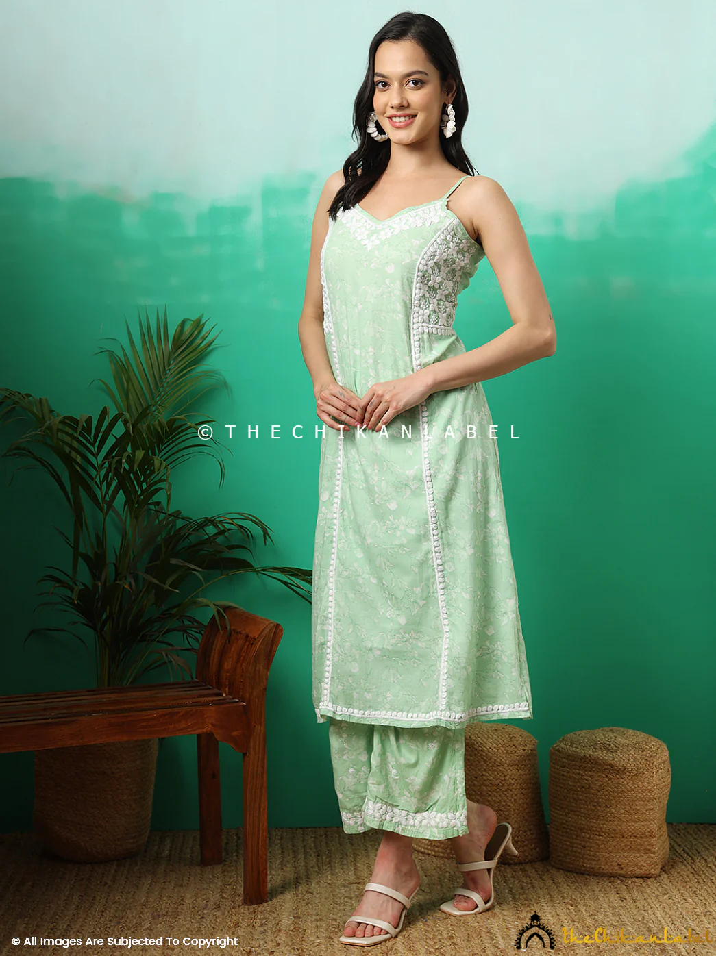Fariha Cotton Chikankari Strappy Kurta Set - Green - Image 12