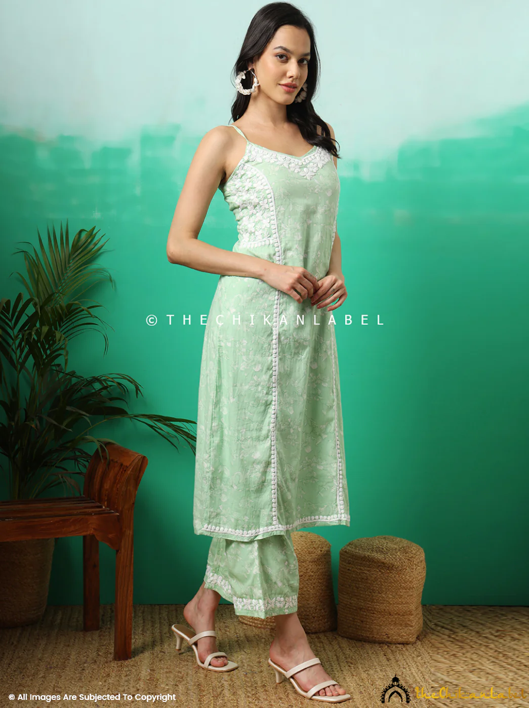 Fariha Cotton Chikankari Strappy Kurta Set - Green - Image 13